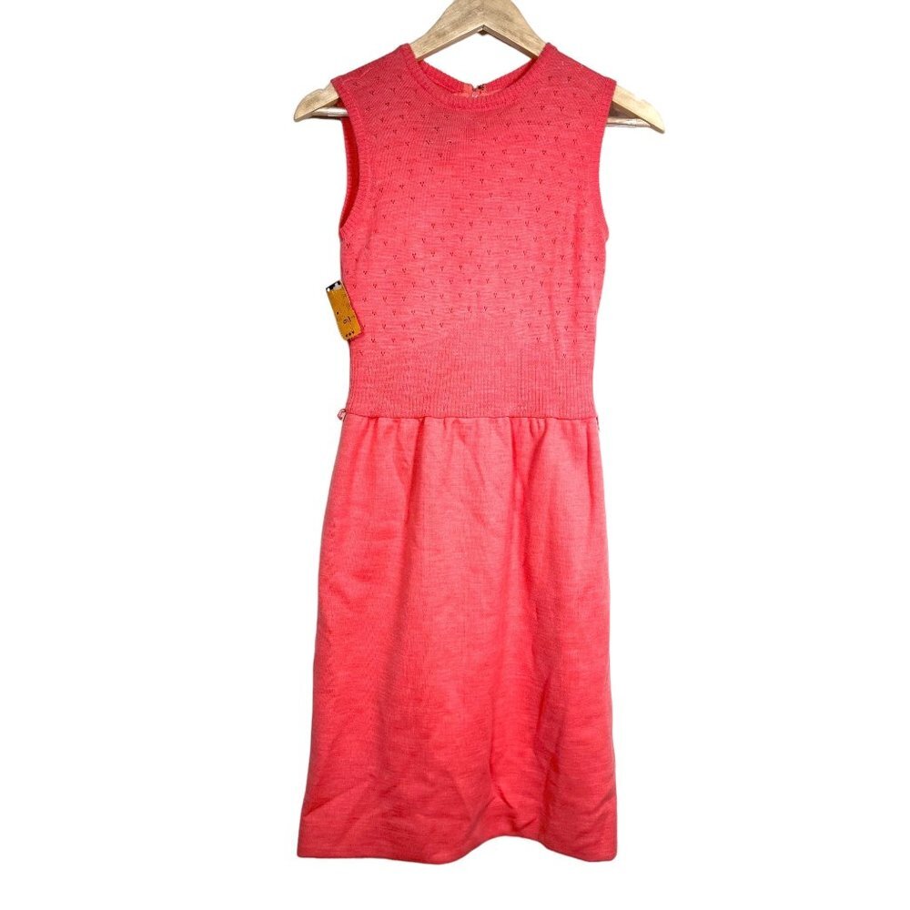 VTG‎ Ciao 100% Wool crochet knit Coral Pink sleeveless dress sz 6